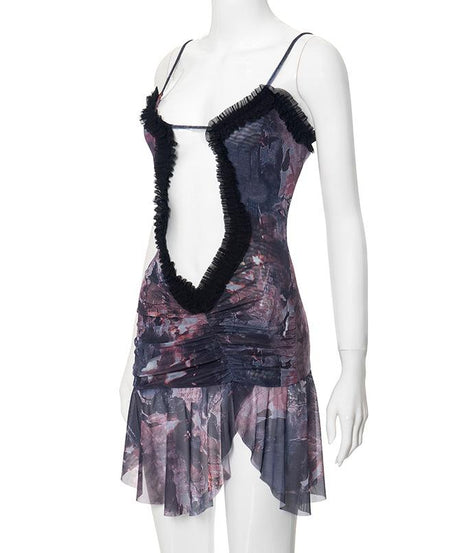 Bewitching Bloom Ruffle Cut-Out Mini Dress | Edgy Fall & Halloween Party Mesh Cami