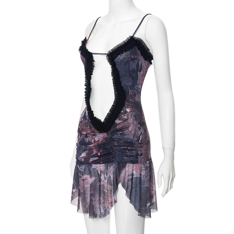Bewitching Bloom Ruffle Cut-Out Mini Dress | Edgy Fall & Halloween Party Mesh Cami