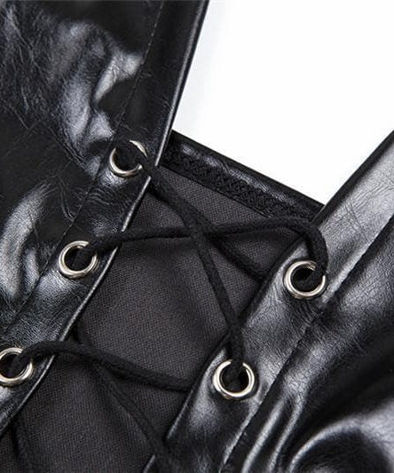 Fierce Black Faux Leather Halter Top - Lace-Up Corset Style for Fall, Halloween & Parties