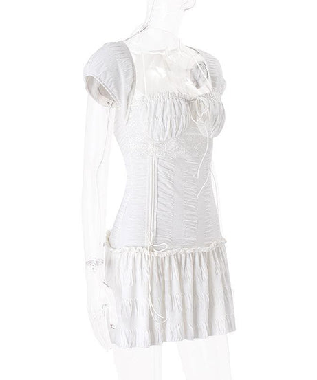 Dreamy White Ruched Mini Dress | Halter Neck Textured Resort & Vacation Essential