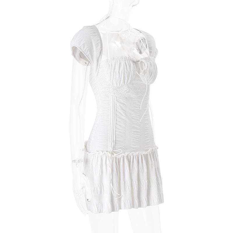 Dreamy White Ruched Mini Dress | Halter Neck Textured Resort & Vacation Essential
