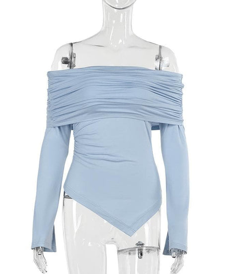 Sky Blue Off-Shoulder Ruched Long Sleeve Top - Asymmetrical Hem for Effortless Fall Style