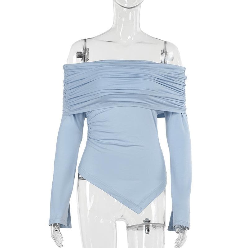 Sky Blue Off-Shoulder Ruched Long Sleeve Top - Asymmetrical Hem for Effortless Fall Style
