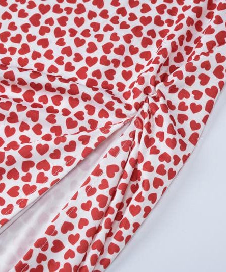 Fall Romance: Flirty Heart Print Strapless Midi Dress with Slit & Bow – Your Perfect Date Night & Getaway Look