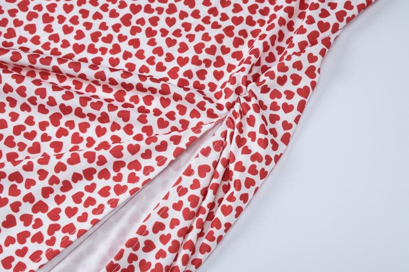Fall Romance: Flirty Heart Print Strapless Midi Dress with Slit & Bow – Your Perfect Date Night & Getaway Look