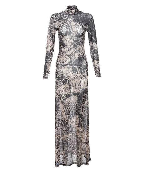 Artistic Koi Mesh Maxi Dress - Elegant High-Neck Fall Statement Piece