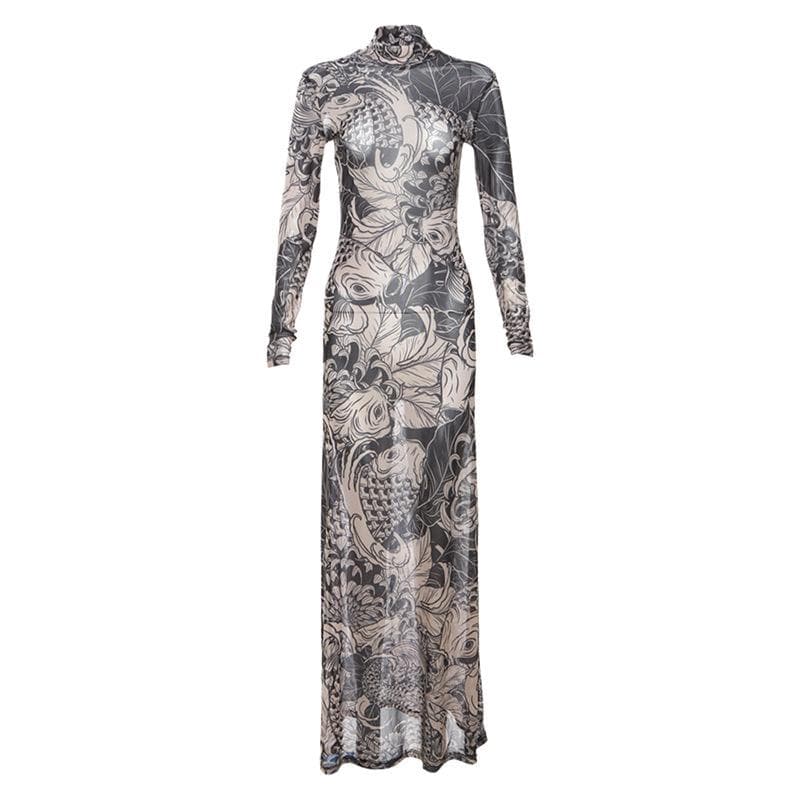 Artistic Koi Mesh Maxi Dress - Elegant High-Neck Fall Statement Piece