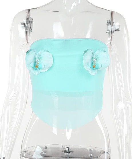 Whimsical Aqua Orchid Mesh Tube Top - Y2K Coquette Crop for Parties & Getaways