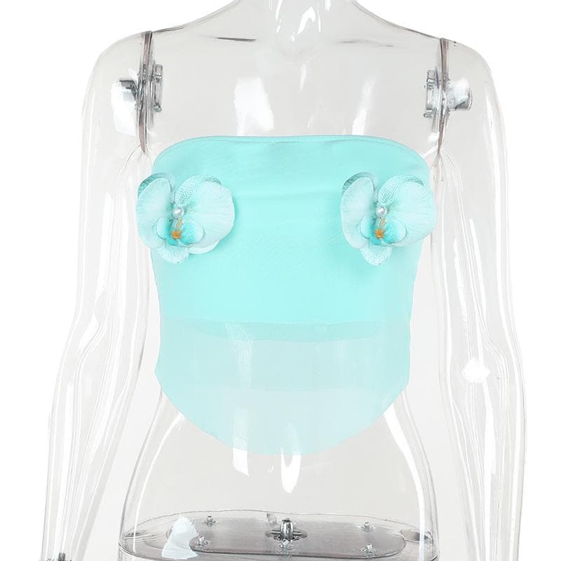 Whimsical Aqua Orchid Mesh Tube Top - Y2K Coquette Crop for Parties & Getaways