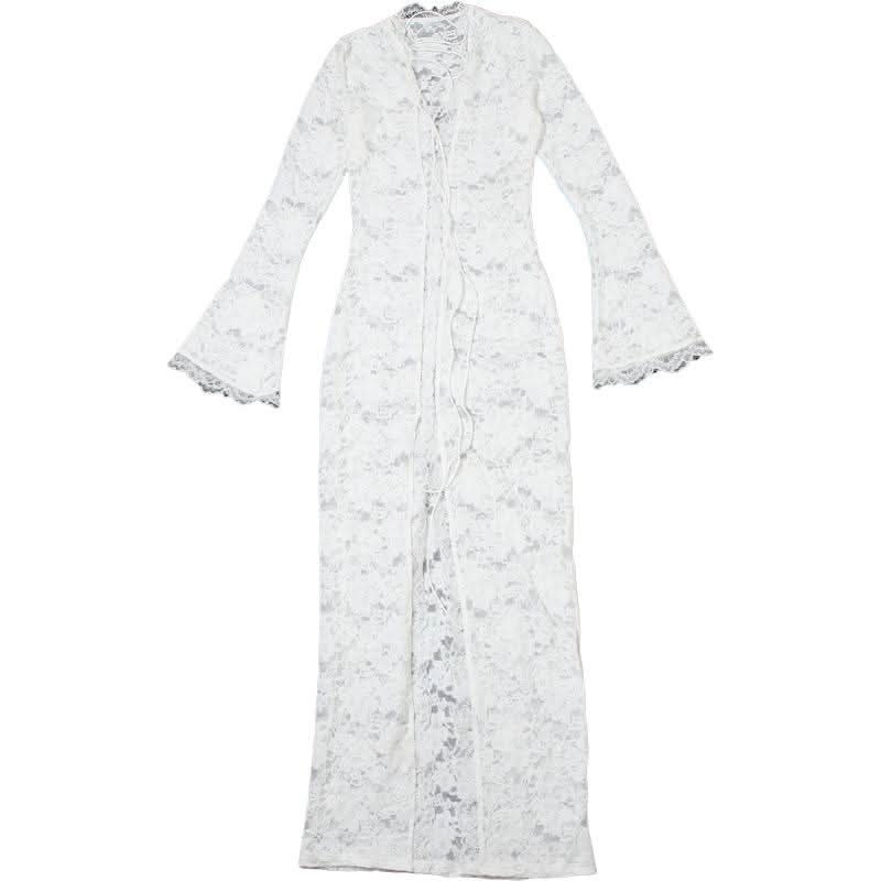Sultry White Lace Bell Sleeve Maxi Dress | High Slit & Lace-Up Front | Resort & Winter Getaway Essential