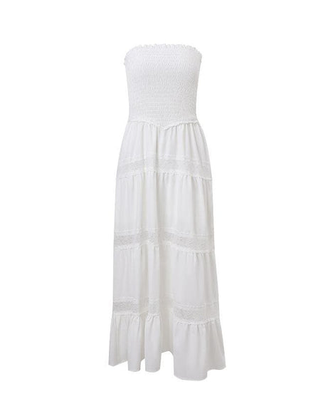 Effortless White Smocked Strapless Maxi Dress - Tiered Lace Boho Style for Your Resort Getaway