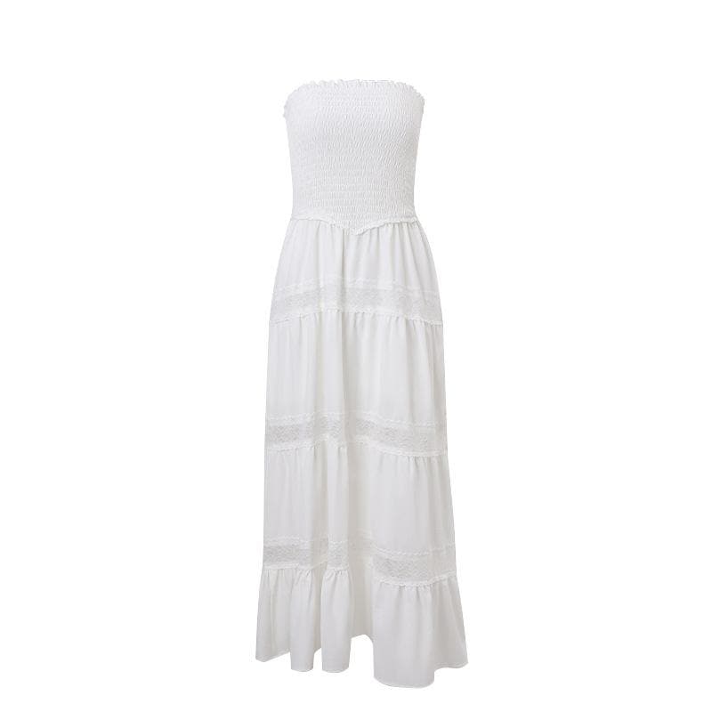 Effortless White Smocked Strapless Maxi Dress - Tiered Lace Boho Style for Your Resort Getaway