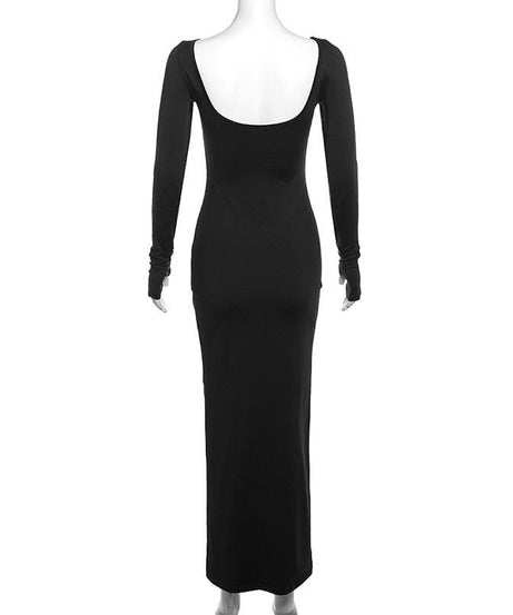 Fall & Holiday Chic: Flattering Black Ruched Maxi Dress with Thumbhole Sleeves