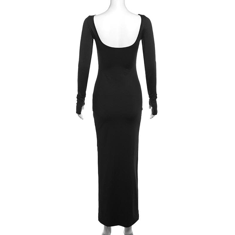 Fall & Holiday Chic: Flattering Black Ruched Maxi Dress with Thumbhole Sleeves