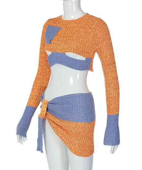 Chic Colorblock Knit Two-Piece Set: Fall Cutout Crop Top & Mini Skirt