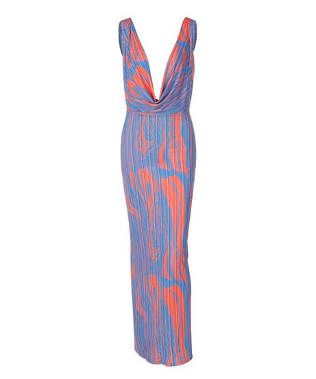 Vibrant Abstract Print Cowl Neck Maxi Dress - Backless Glam for Fall Events & Vacation Getaways