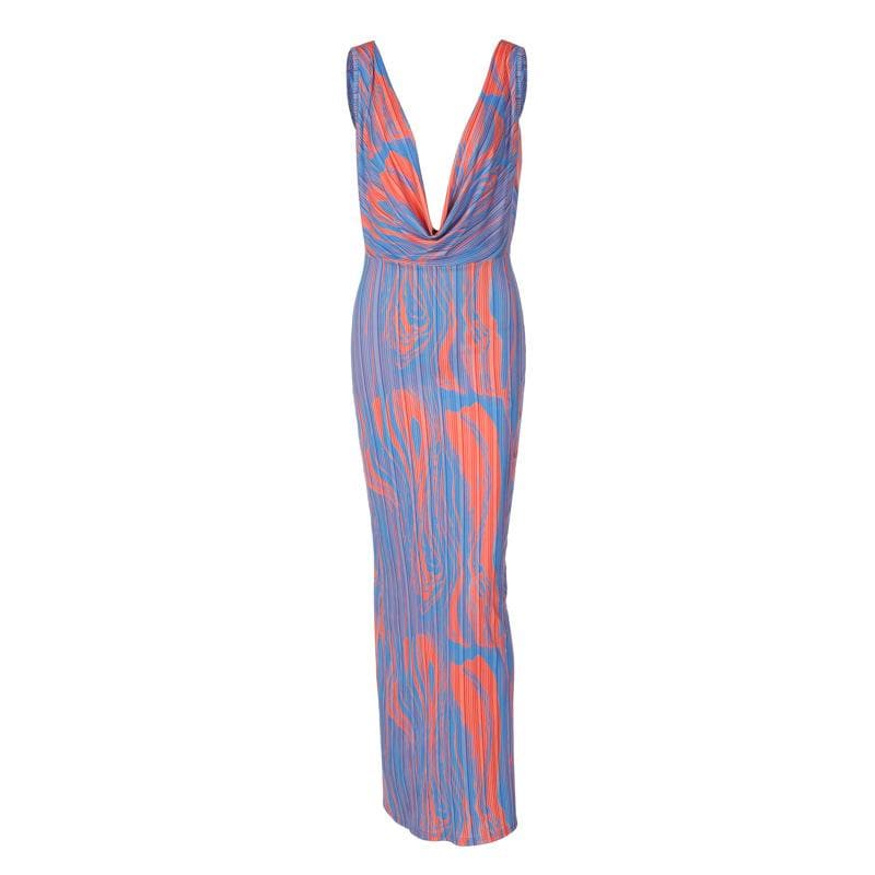 Vibrant Abstract Print Cowl Neck Maxi Dress - Backless Glam for Fall Events & Vacation Getaways