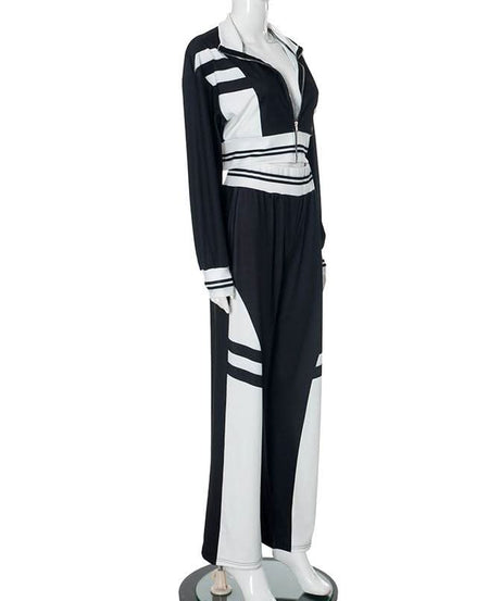 Women's Fall Athleisure Black & White Tracksuit Set | Zip-Up Crop Jacket & Wide Leg Pants
