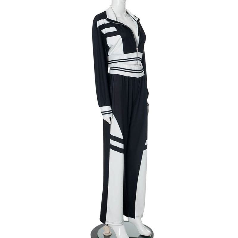 Women's Fall Athleisure Black & White Tracksuit Set | Zip-Up Crop Jacket & Wide Leg Pants