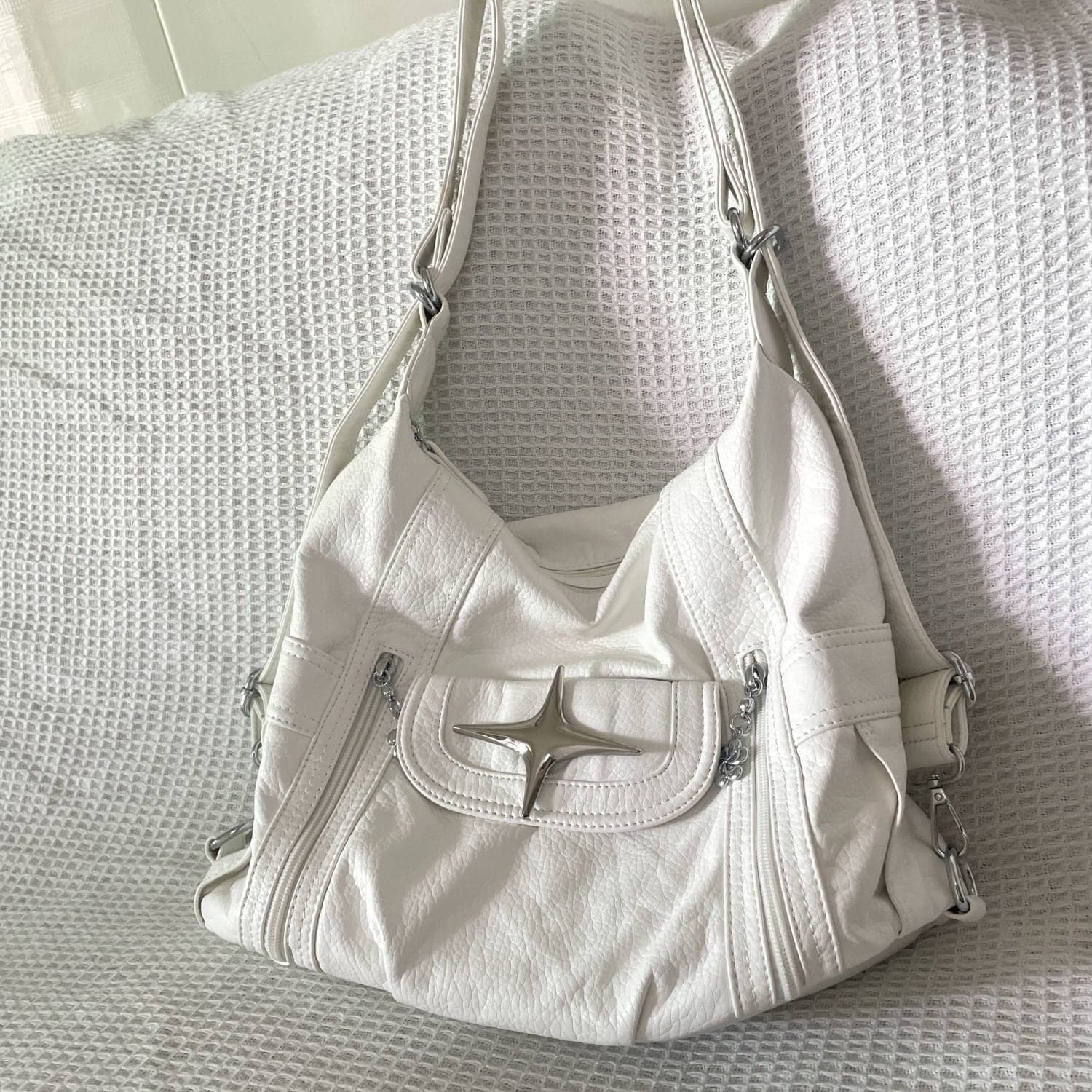 Y2K Chic White Star Crossbody Bag - Faux Leather Hobo Shoulder Purse for Fall Style
