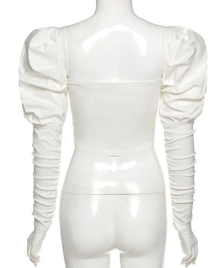 Autumn Elegance: White Sweetheart Corset Top | Statement Puff & Ruched Sleeves