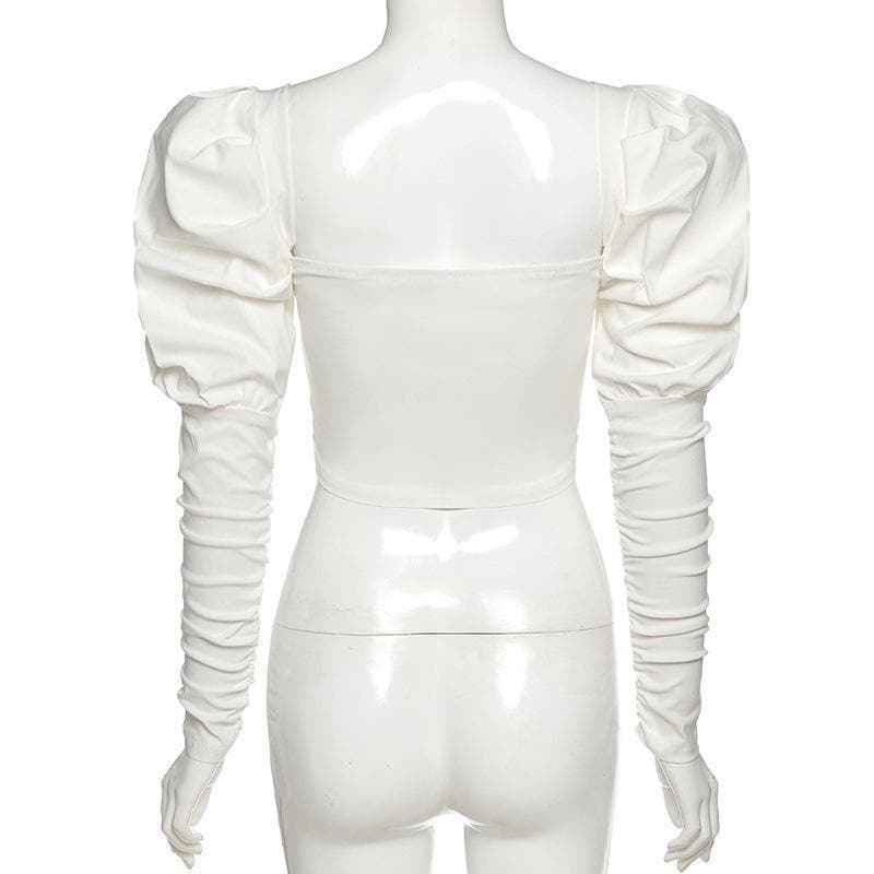 Autumn Elegance: White Sweetheart Corset Top | Statement Puff & Ruched Sleeves