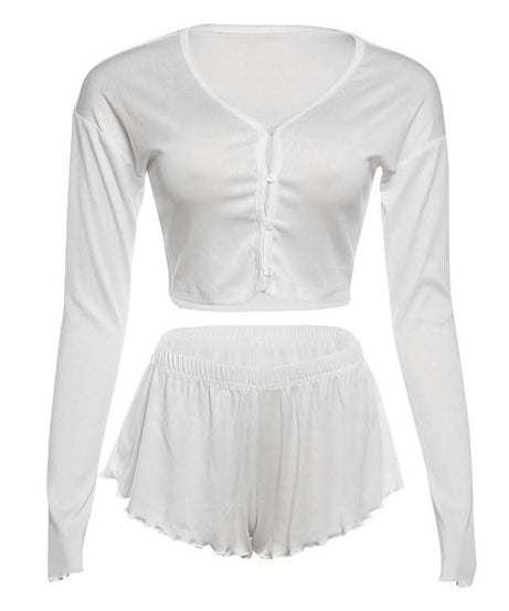 Dreamy Fall Comfort: Women's Long Sleeve Crop Top & Ruffle Shorts Loungewear Set