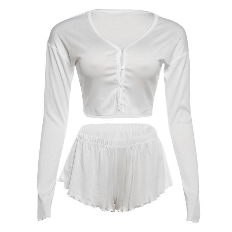 Dreamy Fall Comfort: Women's Long Sleeve Crop Top & Ruffle Shorts Loungewear Set