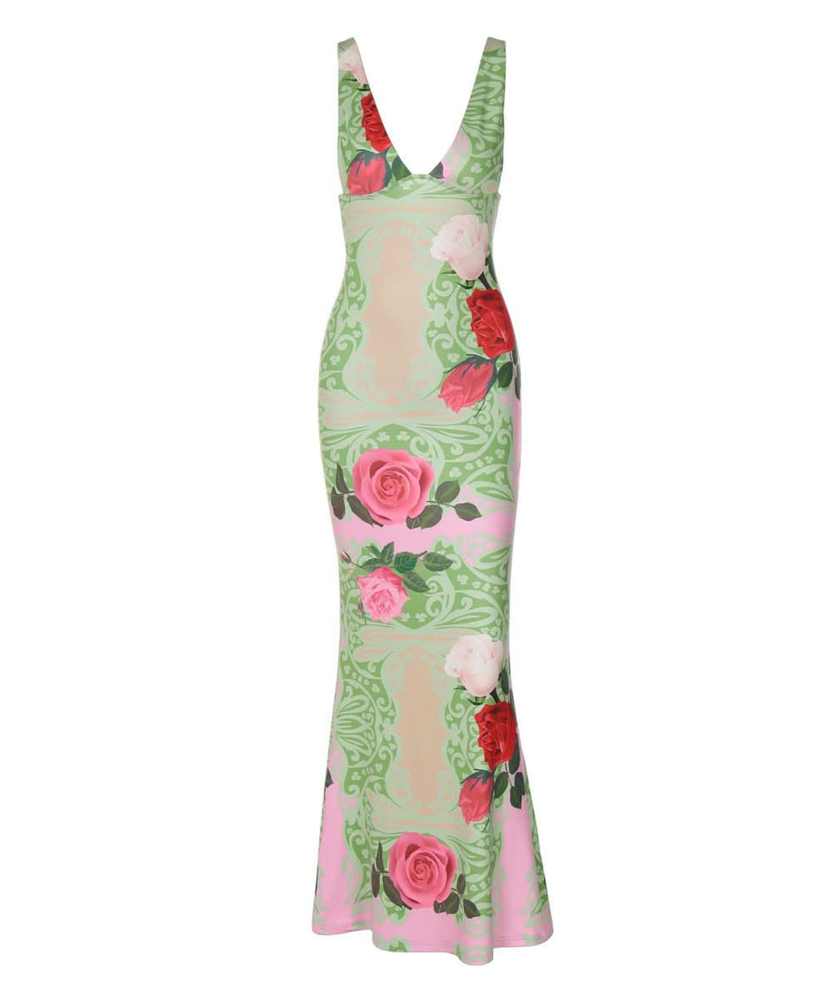 Autumn Bloom V-Neck Floral Maxi Dress - Chic Mermaid Silhouette for Fall & Holiday Events