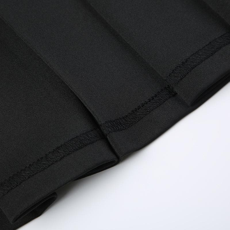 Chic Fall Coquette Black Pleated Mini Dress | Square Neck Long Sleeve & Ribbon Detail