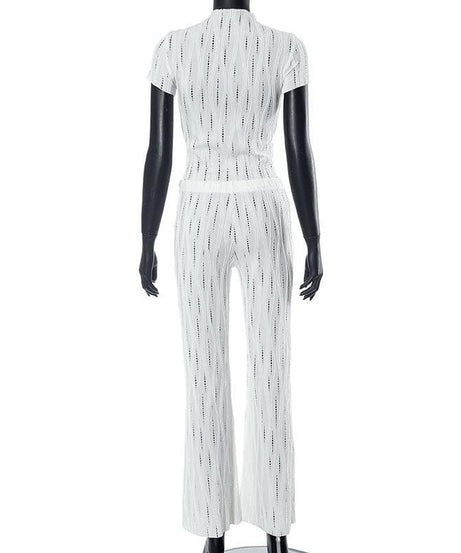 Effortless White Knit Resort Set: Chic High Neck Crop Top & Flared Pants for Your Fall/Winter Getaway