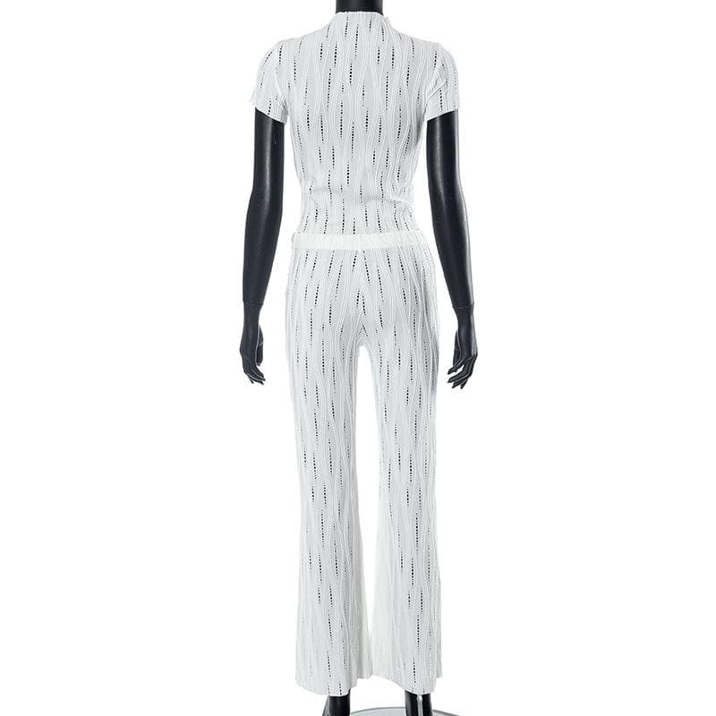 Effortless White Knit Resort Set: Chic High Neck Crop Top & Flared Pants for Your Fall/Winter Getaway