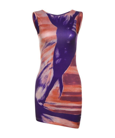 Mystic Hues Abstract Art Bodycon Mini Dress - Sleeveless Fall Statement