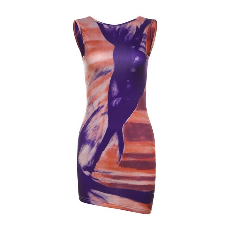 Mystic Hues Abstract Art Bodycon Mini Dress - Sleeveless Fall Statement