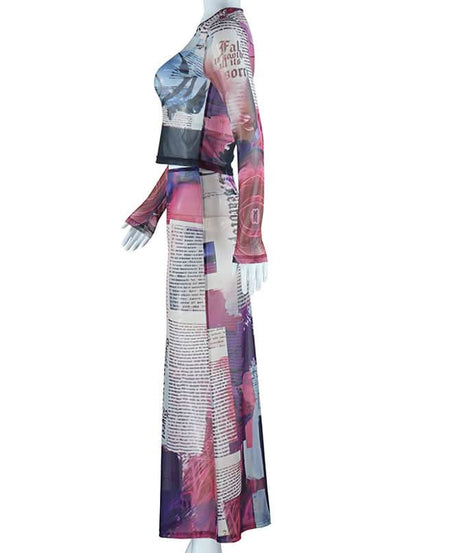 Fall Ready: Edgy Abstract Mesh Two-Piece Set - Long Sleeve Crop Top & Bodycon Maxi Skirt