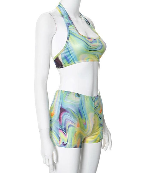Vibrant Swirl Halter Crop Top & Shorts Set | Trendy Fall Athleisure for Women