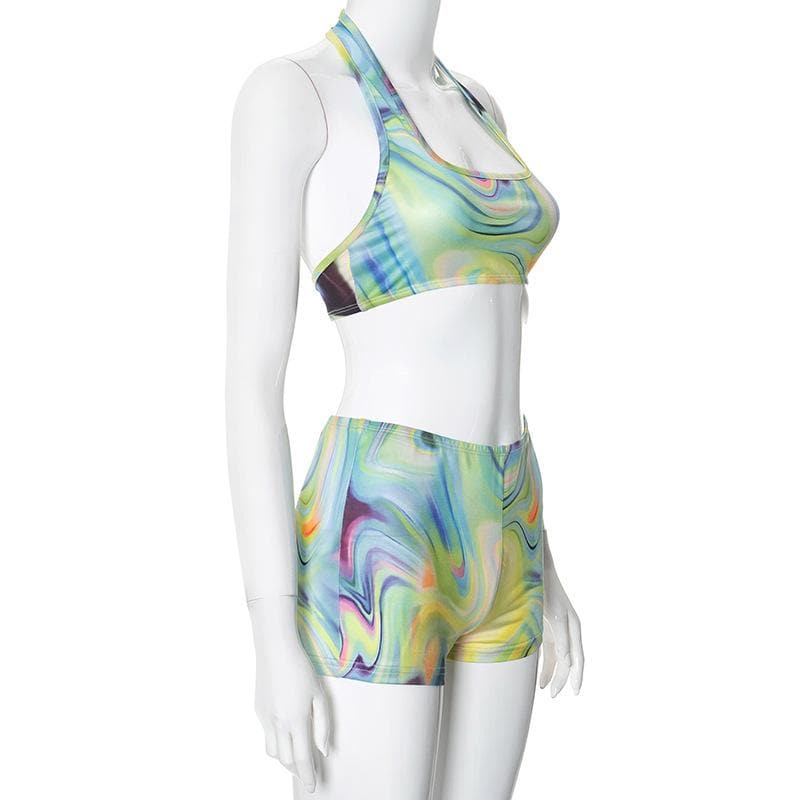 Vibrant Swirl Halter Crop Top & Shorts Set | Trendy Fall Athleisure for Women