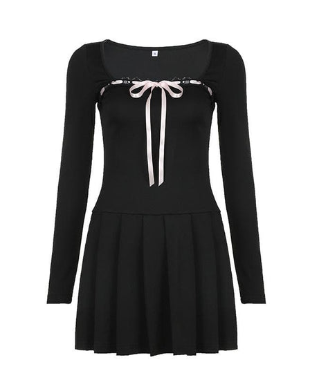 Chic Fall Coquette Black Pleated Mini Dress | Square Neck Long Sleeve & Ribbon Detail