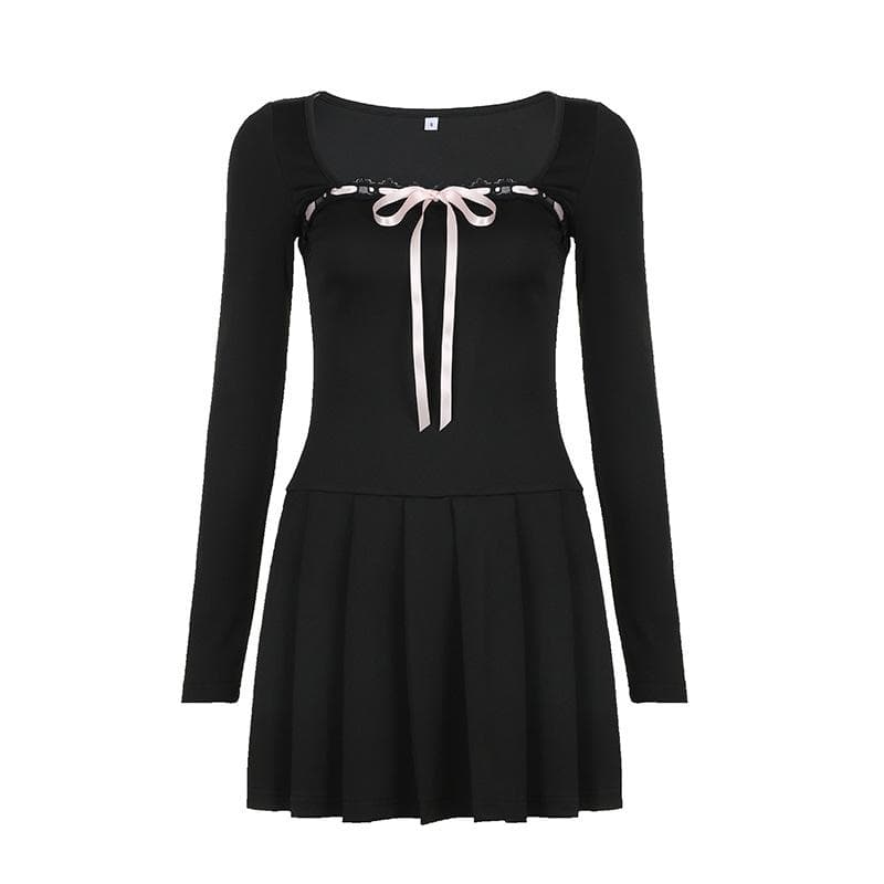Chic Fall Coquette Black Pleated Mini Dress | Square Neck Long Sleeve & Ribbon Detail