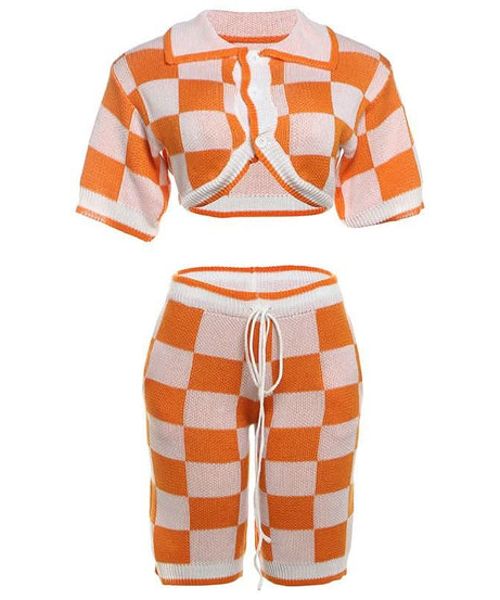 Fall Vibes Retro Orange & White Checkerboard Knit Crop Top & Drawstring Shorts Set
