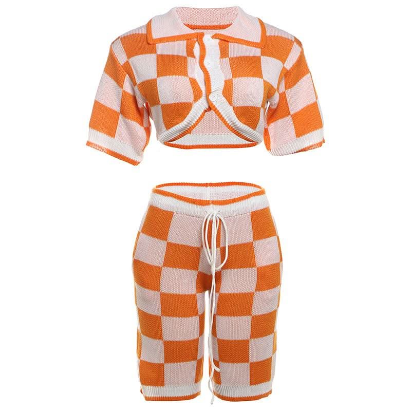 Fall Vibes Retro Orange & White Checkerboard Knit Crop Top & Drawstring Shorts Set