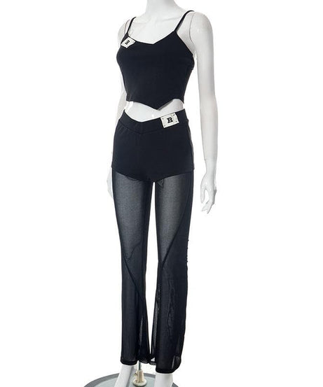 Spooky Season Stunner: 'B' Detail Mesh Flare Cami & Pant Set - Edgy Night Out Look