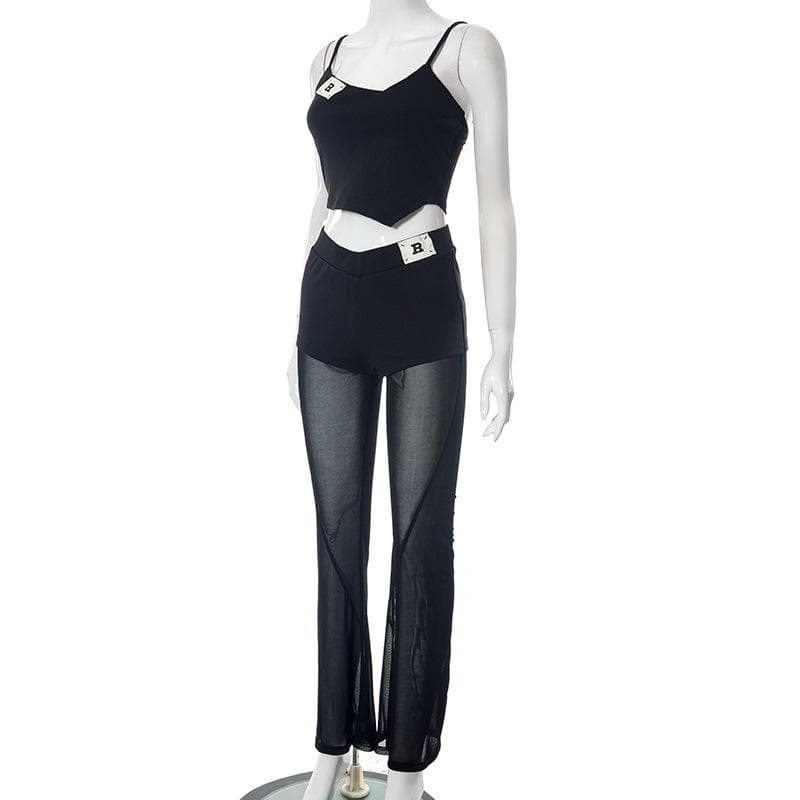 Spooky Season Stunner: 'B' Detail Mesh Flare Cami & Pant Set - Edgy Night Out Look