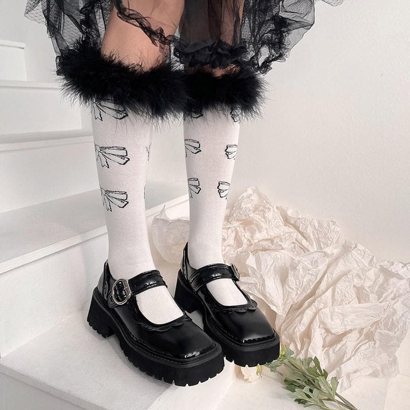 Coquette Feather Bow Knee High Socks - Cozy Faux Fur for Fall & Halloween Fun!