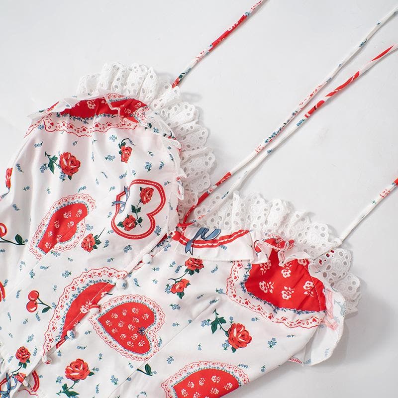 Darling Sweetheart Halter Top | Vintage Heart, Rose & Lace Ruffle Blouse