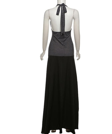 Elegant Polka Dot Halter V-Neck Maxi Dress - Fall Gala & Holiday Party Essential