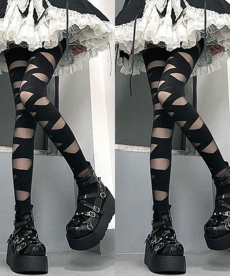Spooky Chic: Gothic Bandage Cutout Tights – Halloween & Fall Alt Fashion Statement