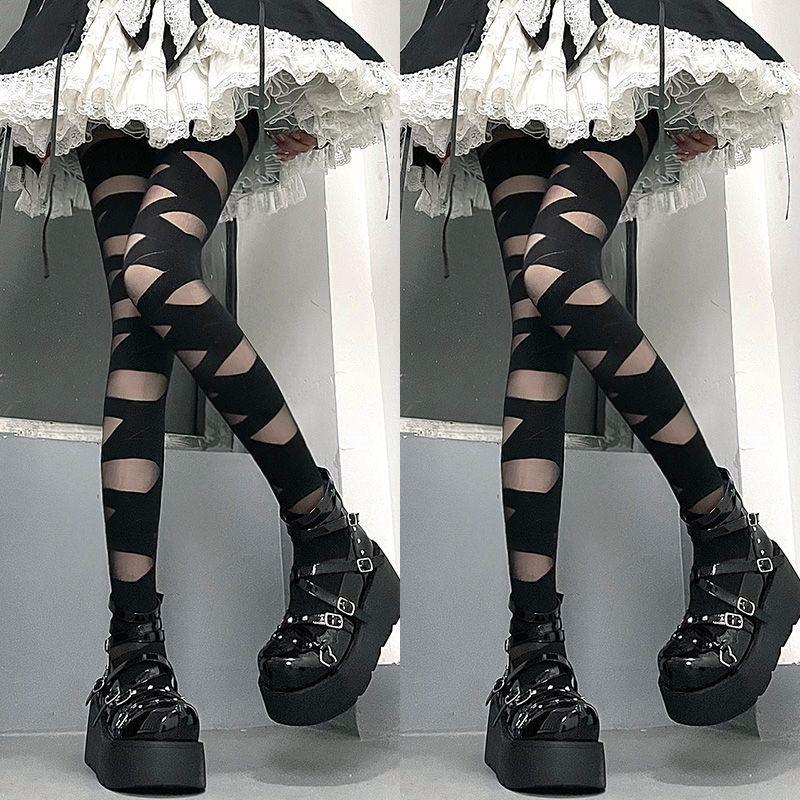 Spooky Chic: Gothic Bandage Cutout Tights – Halloween & Fall Alt Fashion Statement