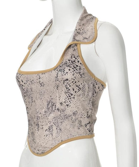 Chic Snakeskin Print Halter Top for Women - Essential Fall Statement Style