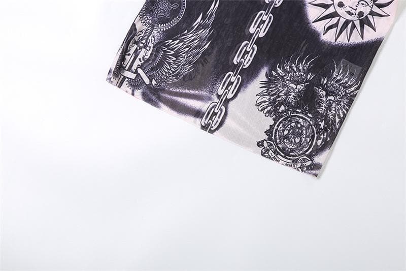 Unleash Your Edge: Mystical Art Print Sheer Mesh Maxi Dress - Fall & Halloween Ready